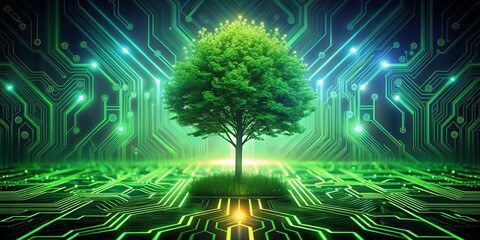 Wall Mural - Green Tree Growing from a Circuit Board, digital art, green tree, circuit board, technology and nature, Nature, Technology