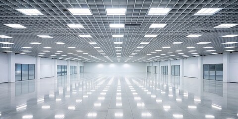 Wall Mural - Grid Ceiling Reflection in Empty White Hallway, Interior Design, Modern Architecture, Minimalism