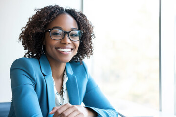 Wall Mural - An Afro-American businesswoman in her 30s, wearing glasses, is happily smiling while sitting in her office in front of a window.