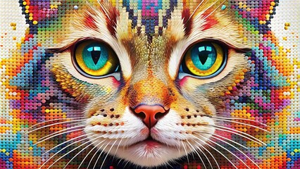 Whimsical digital illustration of a stylized cat's face composed of tiny colorful pixels, with bright eyes and a playful expression on a white background.