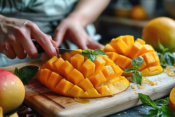 Poster - Mango Sliced on Wooden Board