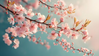 Wall Mural - serene cherry blossom branch in soft focus, bathed in gentle light, creating a tranquil and peaceful spring atmosphere