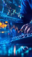 Wall Mural - businessman analyzing financial data with digital charts and holograms for success in modern finance