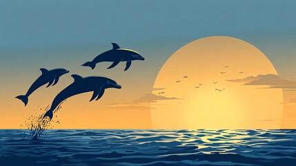 Wall Mural - three dolphins leaping out of the ocean at sunset.