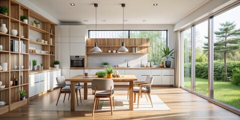 Modern Kitchen with Wooden Shelving and Large Windows, Interior Design, Home Decor, Kitchen Design