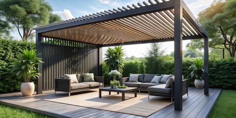 Modern Pergola with Sectional Sofa and Rug on Patio Deck, Patio Design, Outdoor Living, Backyard Design