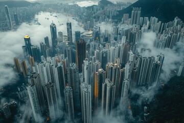 Wall Mural - Hong Kong Skyline Emerging from the Clouds at Dawn