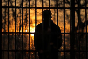 Silhouetted figure behind bars at sunset  a powerful symbol of confinement and reflection