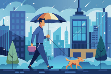 Wall Mural - vector illustration of a man walking in the rain with a dog