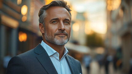 Wall Mural - A middle-aged man in a suit stands in a city setting.