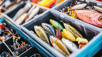 A collection of fishing lures organized in storage boxes for fishing enthusiasts.