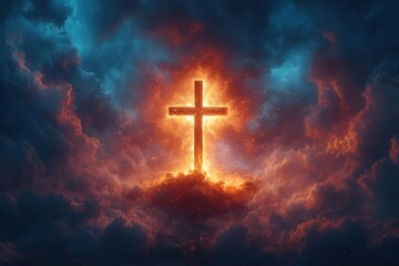 powerful religious image of illuminated cross on golgotha hill dramatic clouds parting to reveal divine light symbolizing hope and resurrection