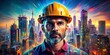 © BrilliantPixels - The City Builder's Gaze A Close-Up Portrait of a Construction Worker Against a Vibrant Cityscape, construction worker, cityscape, urban design