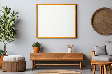 Minimalistic composition with a wooden vintage commode, brown mock-up photo frame, avocado plant, and elegant personal accessories. Stylish retro living room with white walls. Home decor template.