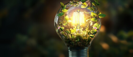 Wall Mural - Enchanting Light Bulb with Glowing Filament and Lush Greenery Inside, Symbolizing Eco-Friendly Energy and Nature