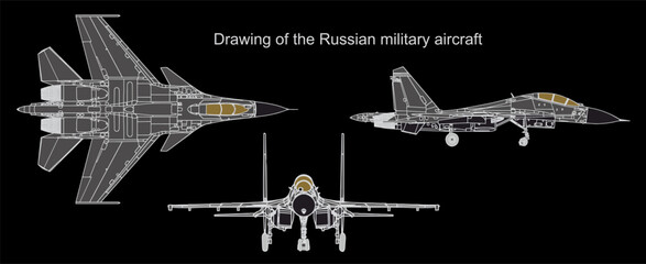 Wall Mural - vector drawing of russian military aircraft. general view of a war plane fighter bomber. top, side, 