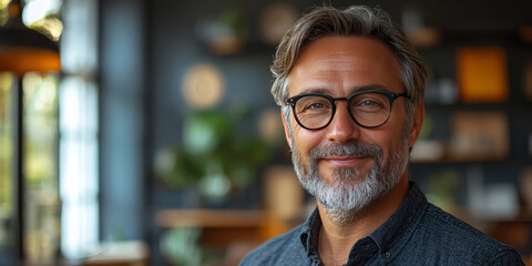 Wall Mural - Smiling mature man with a grey beard wearing glasses.