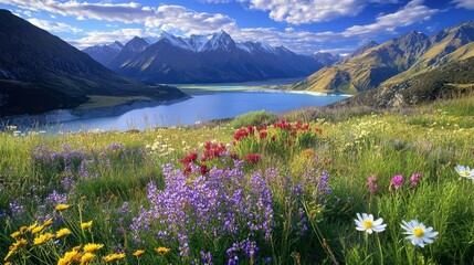 Wall Mural - A vibrant landscape featuring colorful flowers and majestic mountains by a serene lake.