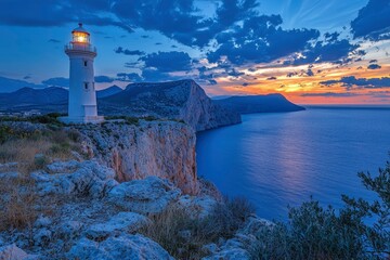 A White Lighthouse on a Cliff Overlooking a Sunset Sea