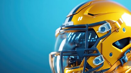 Close-up of a vibrant yellow football helmet against a blue background, showcasing modern design and protective features.