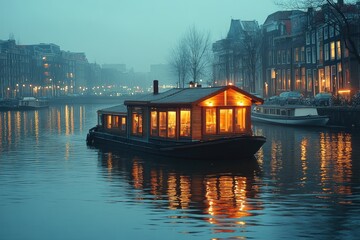 Cozy houseboat moored on amsterdam canal at twilight with city lights reflecting in water