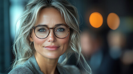 Canvas Print - Close-up portrait of a woman with blonde hair wearing glasses and smiling.