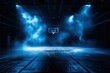 © neirfy - dark and dramatic high school basketball court, basketball hoop, blue smoke, blue led lights