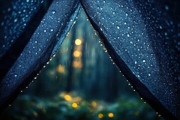 raindrops patter on tent fabric in misty forest ethereal nighttime scene evokes serenity and introsp