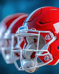 Three vibrant red football helmets lined up against a cool blue backdrop, showcasing sporty design and athletic spirit.