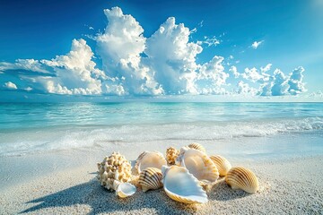 Wall Mural - Seashells on a Sandy Beach with a Blue Sky and White Clouds