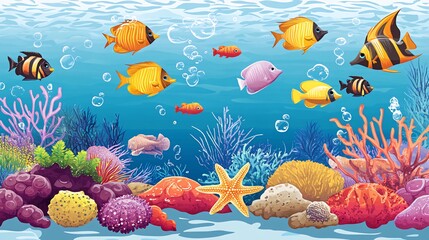 Wall Mural - Colorful fish swim over a coral reef.