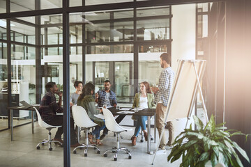 Poster - Business people, presentation and brainstorming with feedback for project, conversation and cooperation. Group, employees and coworkers in office, review and planning with ideas or corporate training