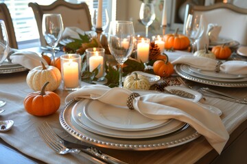 Elegant autumn dining table with pumpkins and candles