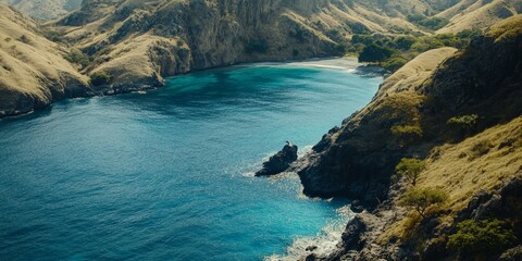 Wall Mural - Ocean cove surrounded by lush green hills.