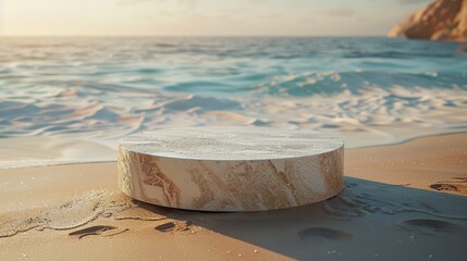 Sticker - Marble Platform on Sandy Beach with Ocean Background