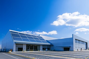 Wall Mural - contemporary industrial warehouse facade featuring expansive solar panels under a clear blue sky