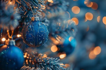Wall Mural - blue ornament on christmas tree with lights