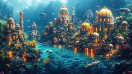 Wall Mural - Underwater city with glowing architecture and marine life.