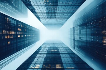 Poster - A low angle view of tall glass skyscrapers in a hazy cityscape