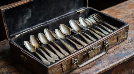 A professional image of a set of antique silverware, tarnished with age but still reflecting light, placed on a worn velvet-lined case