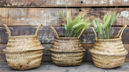 Sticker - Handmade woven straw baskets with wheat ears, flower pots