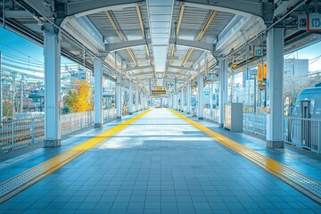 Wall Mural - Empty Platform with Yellow Lines and a View of a Train and Buildings