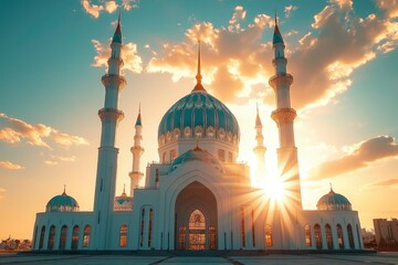 A grand white mosque with a blue dome illuminated by the setting sun