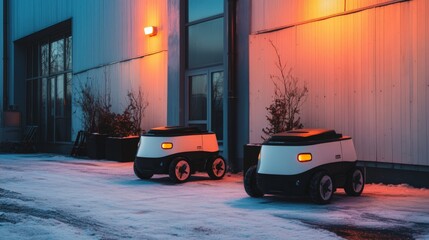 Autonomous delivery robots navigating snowy path at dusk with warm lights