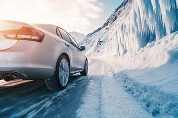 Wall Mural - A silver car driving on a road with an icy wall in the background on a bright sunny day