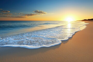 Wall Mural - Foamy Ocean Wave Crashing on Sandy Beach at Sunset