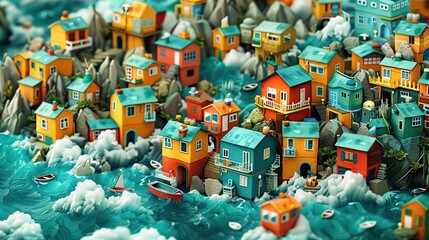 Sticker - Colorful Houses on a Rocky Island Surrounded by Turquoise Waves