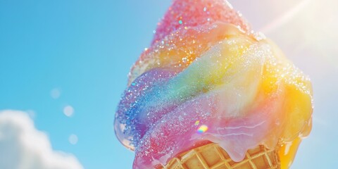 Canvas Print - Rainbow ice cream cone melting in sunlight.