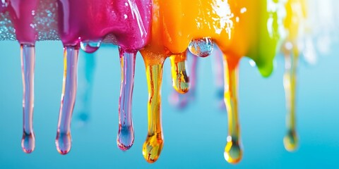 Dripping colorful paint on a blue background.