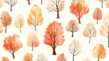 Sticker - Adorable watercolor depiction of an autumn forest, with a seamless pattern of trees in muted tones. Great for autumn-themed artwork, greeting cards, ads, fabric textiles, and packaging.